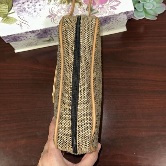 SAKS FIFTH AVE MEN’S TAN BLACK BURLAP LEATHER COMBO DOPP KIT TOILETRY BAG - Picture 4 of 9